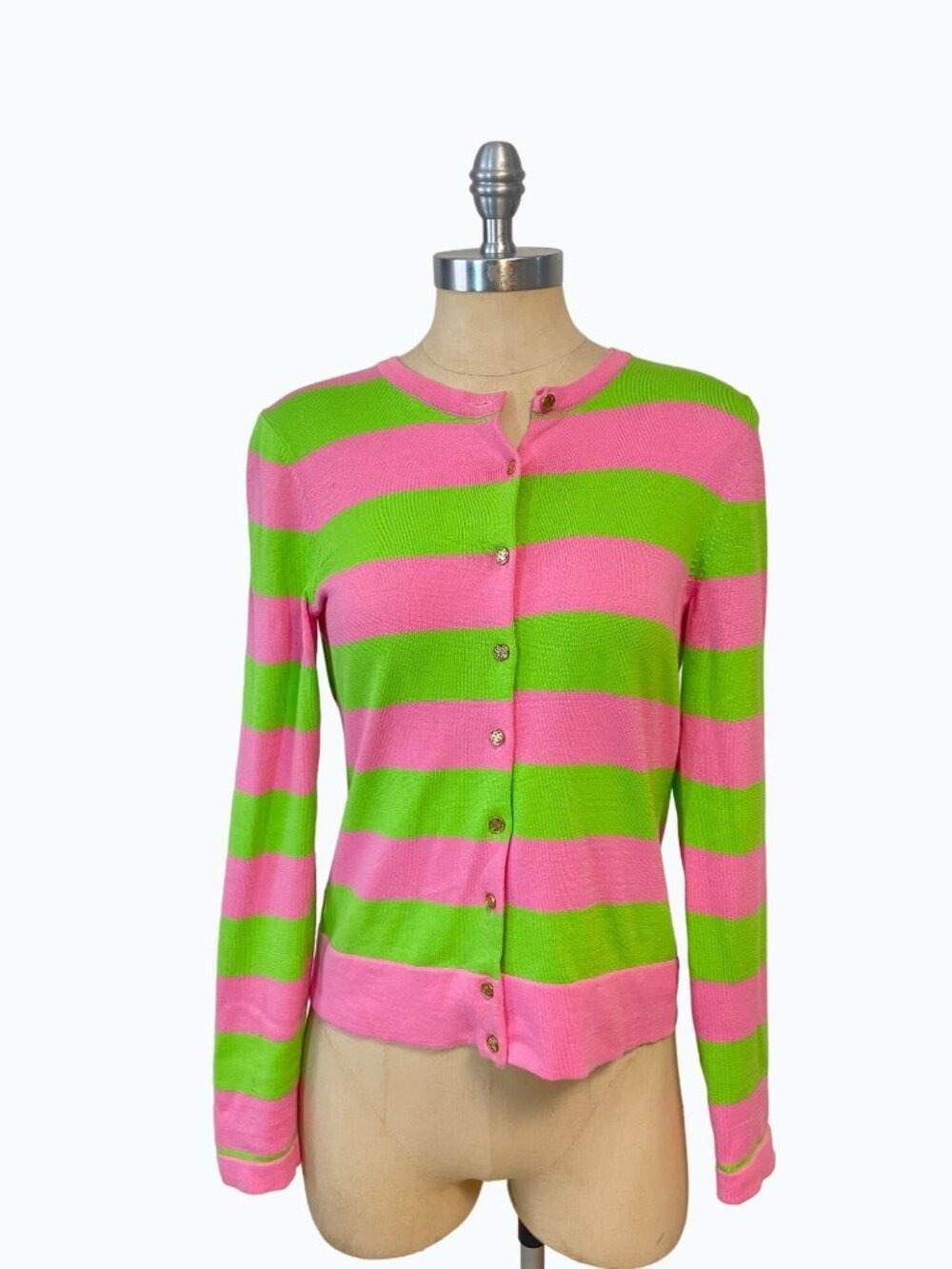 Lilly Pulitzer Lee Pink Green Stripe Cardigan Sweater Small